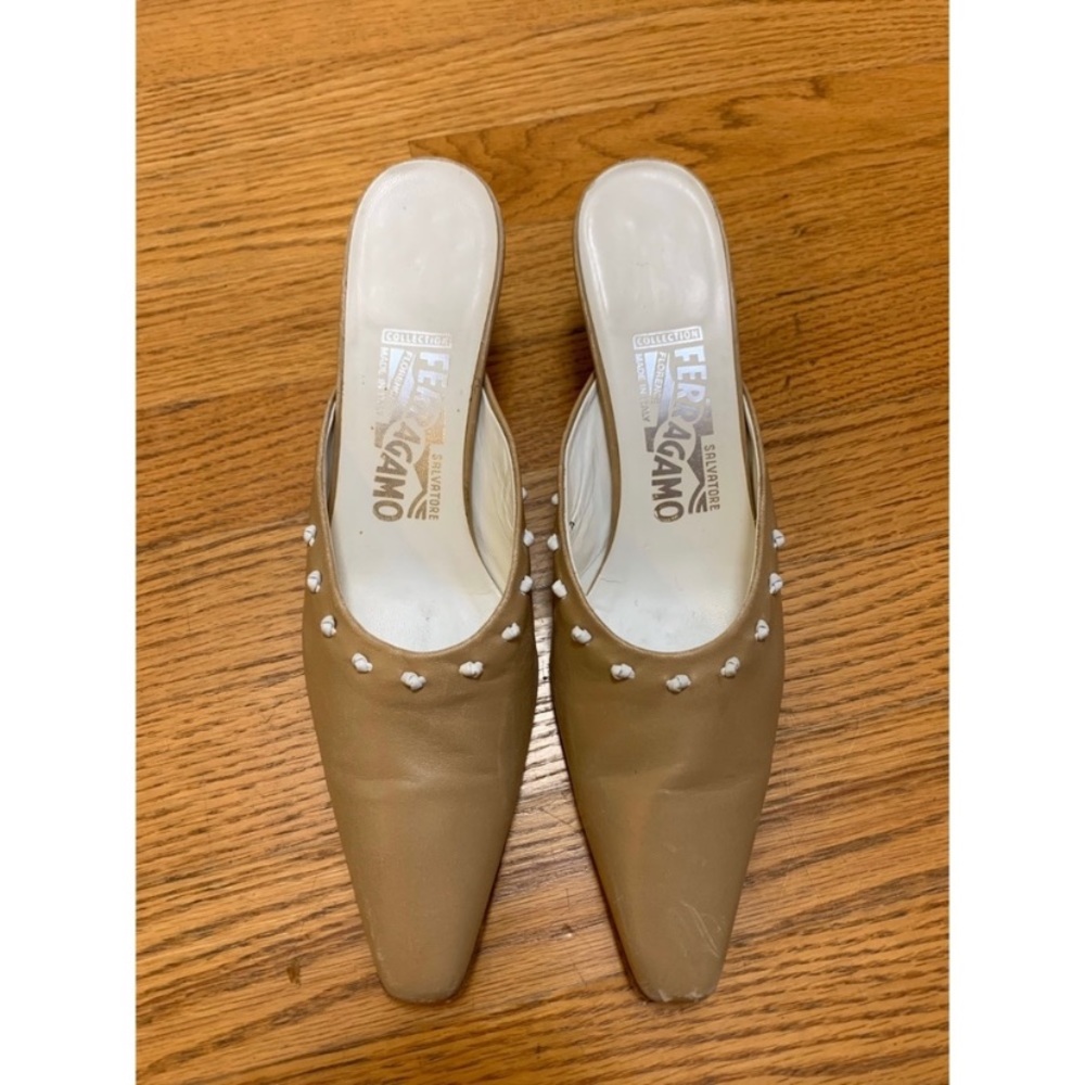 Salvatore Ferragamo Beige Pointed Toe Kitten Heel